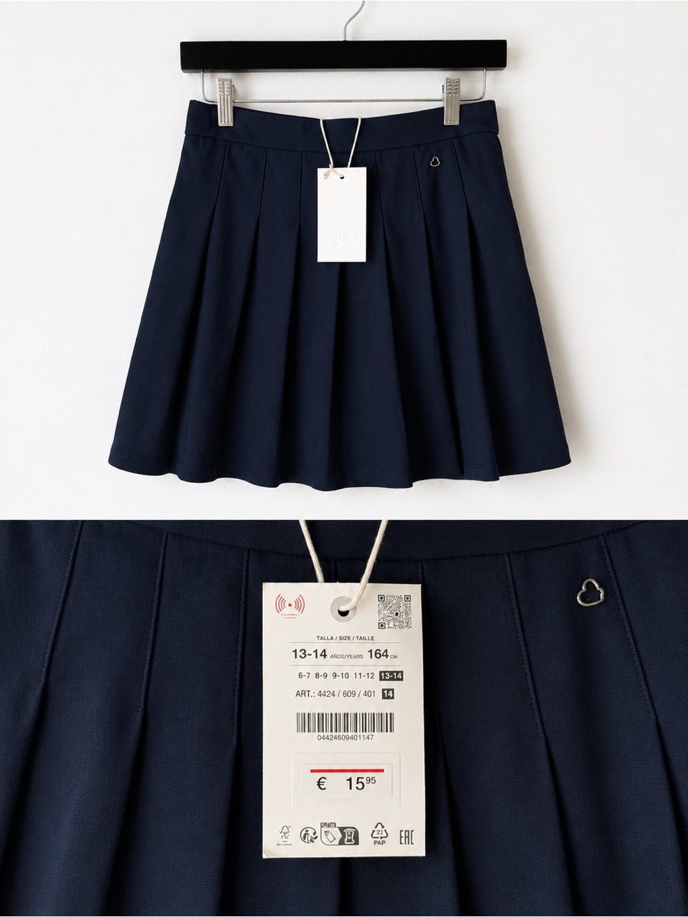 Zara Girls 13-14 Navy Pleated Skater Skirt with Heart Charm